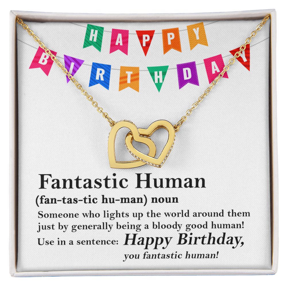 Happy Birthday “Fantastic Human” Interlocking Hearts Necklace | Fun & Heartfelt Birthday Jewelry Gift with Humorous Message Card - Mallard Moon Gift Shop