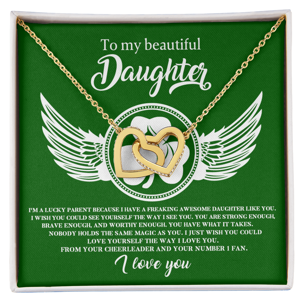 To My Beautiful Daughter – A Lucky & Loving Gift of Strength and Encouragement- Interlocking Hearts Necklace with Inspirational Message - Mallard Moon Gift Shop