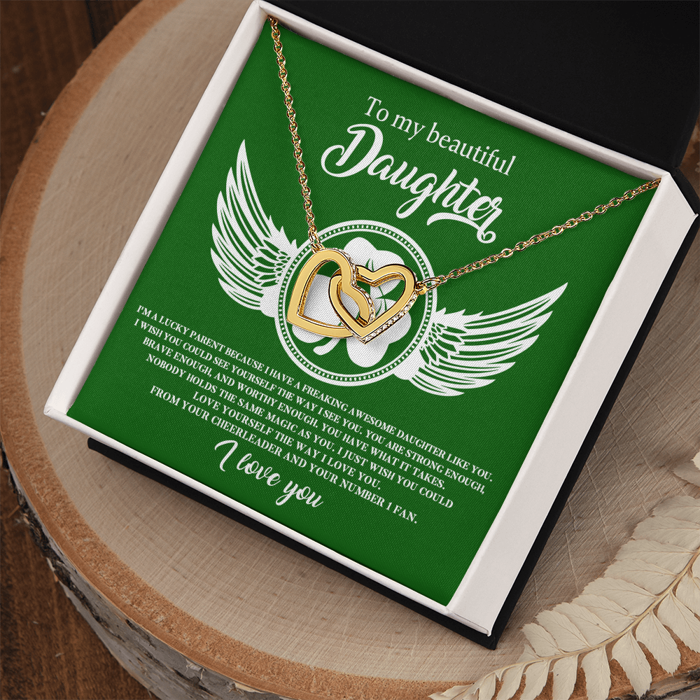 To My Beautiful Daughter – A Lucky & Loving Gift of Strength and Encouragement- Interlocking Hearts Necklace with Inspirational Message - Mallard Moon Gift Shop