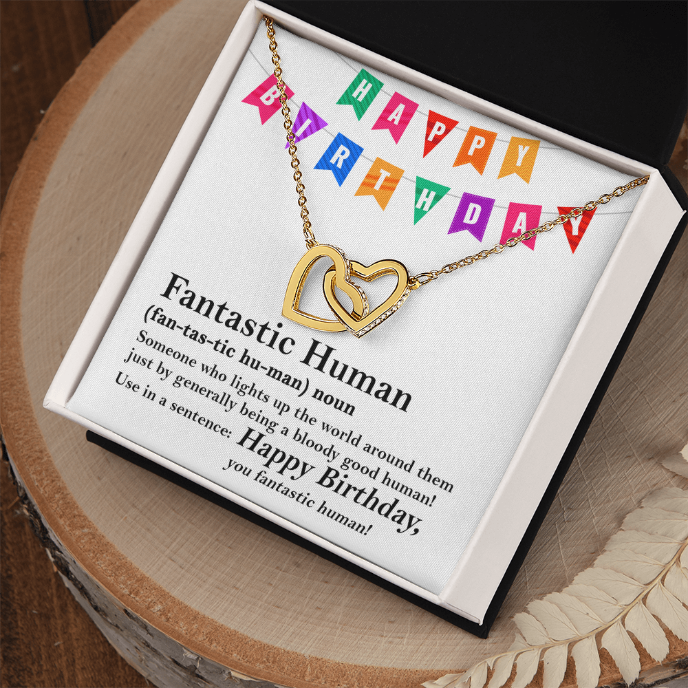 Happy Birthday “Fantastic Human” Interlocking Hearts Necklace | Fun & Heartfelt Birthday Jewelry Gift with Humorous Message Card - Mallard Moon Gift Shop