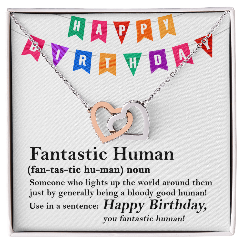 Happy Birthday “Fantastic Human” Interlocking Hearts Necklace | Fun & Heartfelt Birthday Jewelry Gift with Humorous Message Card - Mallard Moon Gift Shop