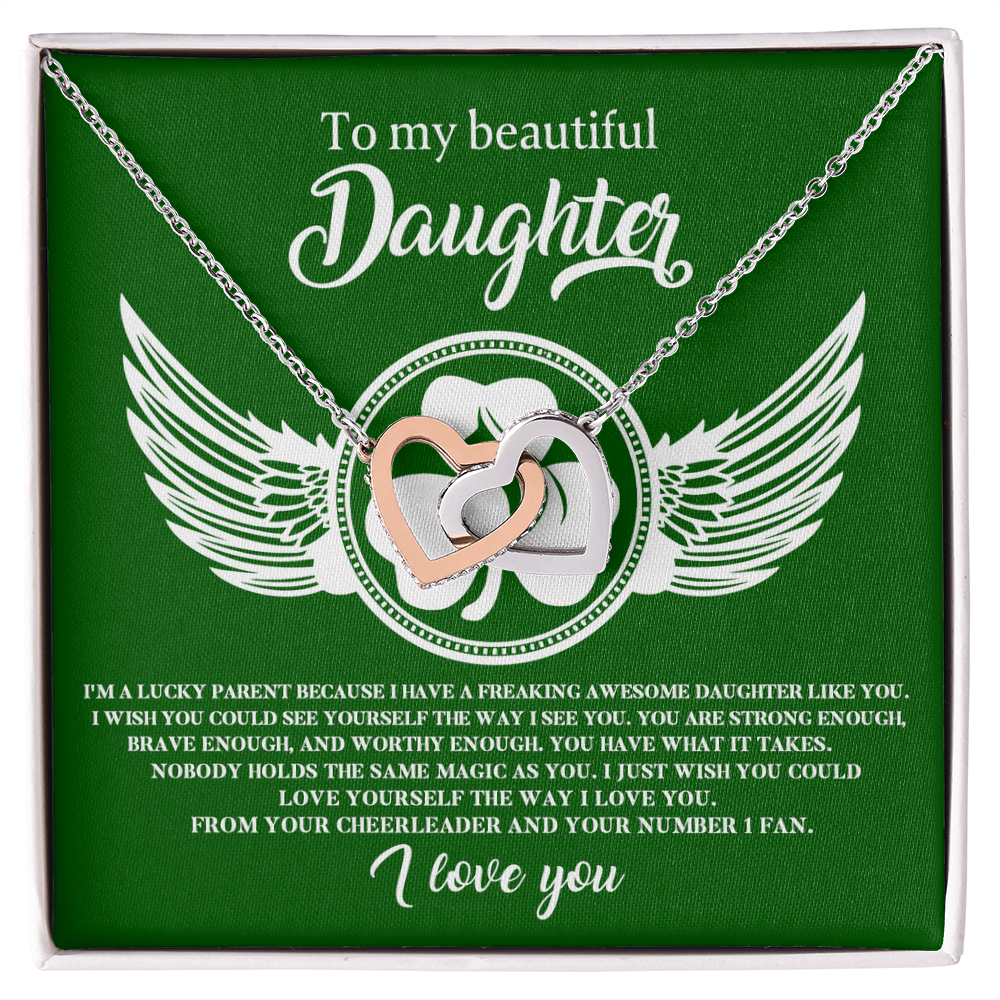 To My Beautiful Daughter – A Lucky & Loving Gift of Strength and Encouragement- Interlocking Hearts Necklace with Inspirational Message - Mallard Moon Gift Shop