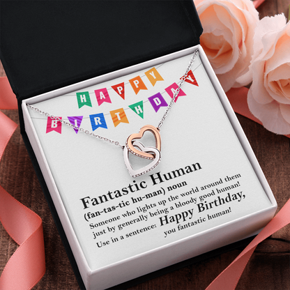 Happy Birthday “Fantastic Human” Interlocking Hearts Necklace | Fun & Heartfelt Birthday Jewelry Gift with Humorous Message Card - Mallard Moon Gift Shop