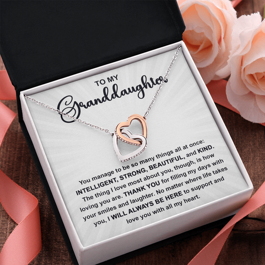 To My Granddaughter Interlocking Hearts Necklace – Intelligent, Strong, Beautiful & Kind Message Card | Heartfelt Gift from Grandma or Grandpa - Mallard Moon Gift Shop