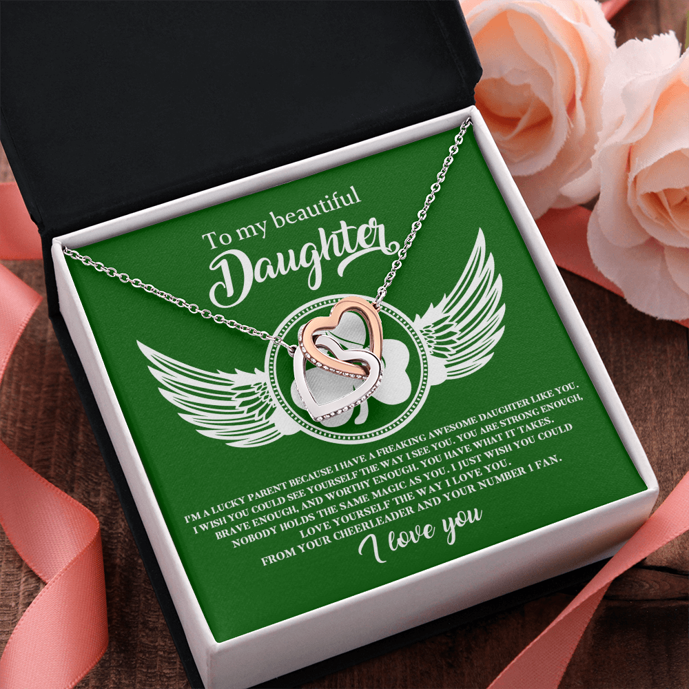 To My Beautiful Daughter – A Lucky & Loving Gift of Strength and Encouragement- Interlocking Hearts Necklace with Inspirational Message - Mallard Moon Gift Shop