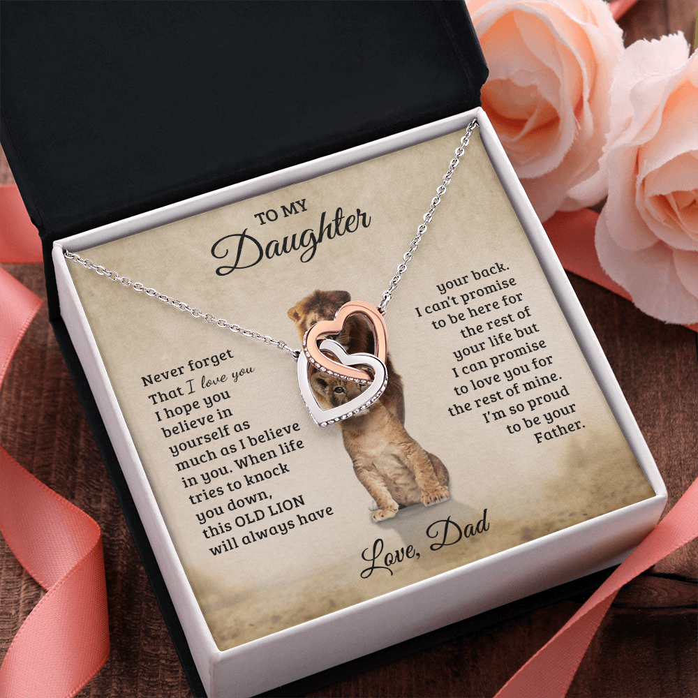To My Daughter – Interlocking Hearts Necklace Gift from Dad | Old Lion Always Has Your Back | Meaningful Father Daughter Jewelry - Mallard Moon Gift Shop