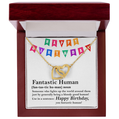 Happy Birthday “Fantastic Human” Interlocking Hearts Necklace | Fun & Heartfelt Birthday Jewelry Gift with Humorous Message Card - Mallard Moon Gift Shop