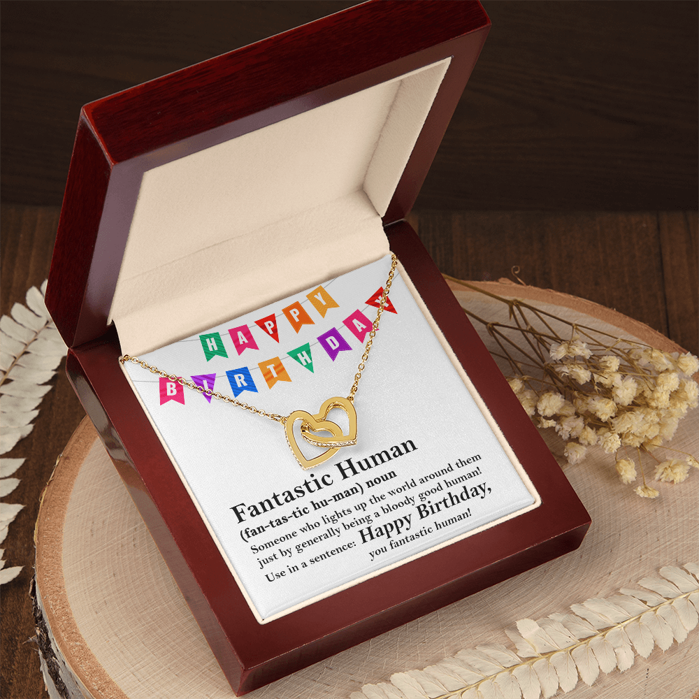 Happy Birthday “Fantastic Human” Interlocking Hearts Necklace | Fun & Heartfelt Birthday Jewelry Gift with Humorous Message Card - Mallard Moon Gift Shop