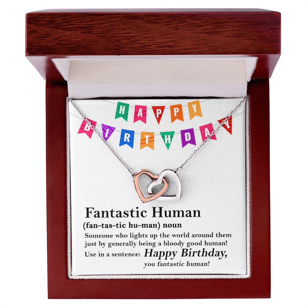 Happy Birthday “Fantastic Human” Interlocking Hearts Necklace | Fun & Heartfelt Birthday Jewelry Gift with Humorous Message Card - Mallard Moon Gift Shop