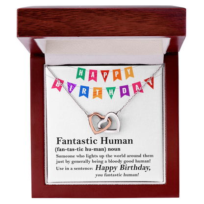 Happy Birthday “Fantastic Human” Interlocking Hearts Necklace | Fun & Heartfelt Birthday Jewelry Gift with Humorous Message Card - Mallard Moon Gift Shop