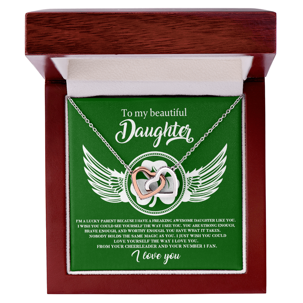 To My Beautiful Daughter – A Lucky & Loving Gift of Strength and Encouragement- Interlocking Hearts Necklace with Inspirational Message - Mallard Moon Gift Shop