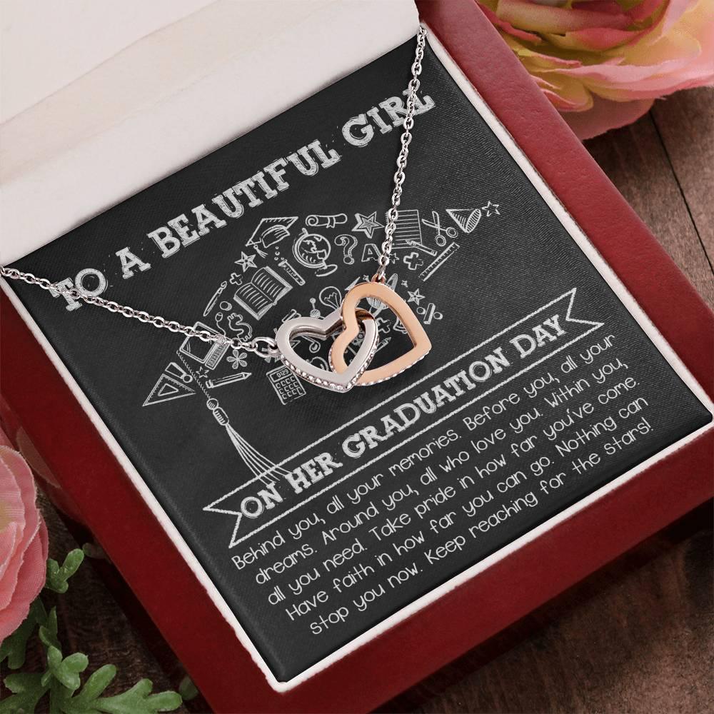 To A Beautiful Girl Graduation Gift Keep Reaching for the Stars Interlocking Hearts Pendant Necklace and Gift Box - Mallard Moon Gift Shop