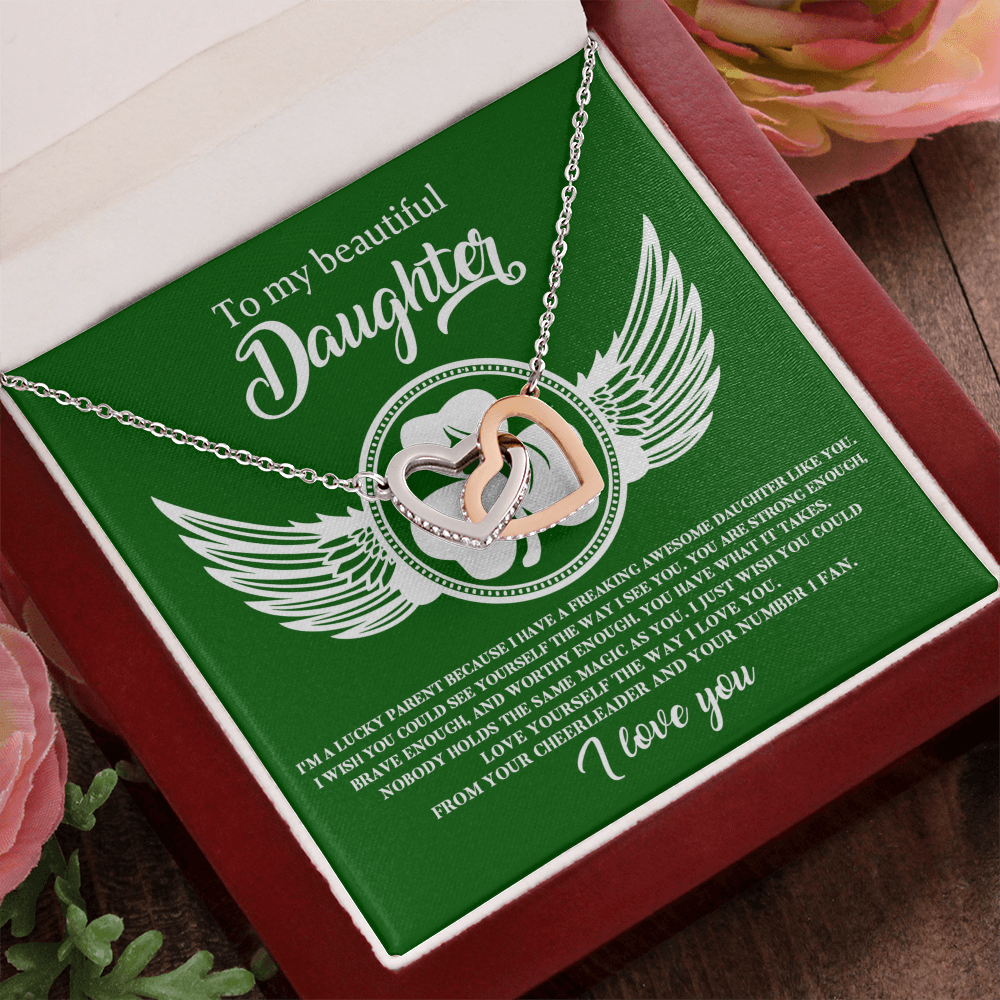 To My Beautiful Daughter – A Lucky & Loving Gift of Strength and Encouragement- Interlocking Hearts Necklace with Inspirational Message - Mallard Moon Gift Shop