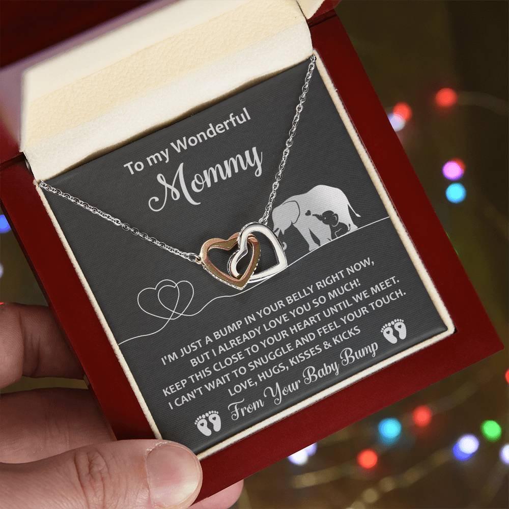 Gift for the Expectant Mom Love, Kisses and Kicks from the Baby Bump Until We Meet Interlocking Hearts Necklace - Mallard Moon Gift Shop