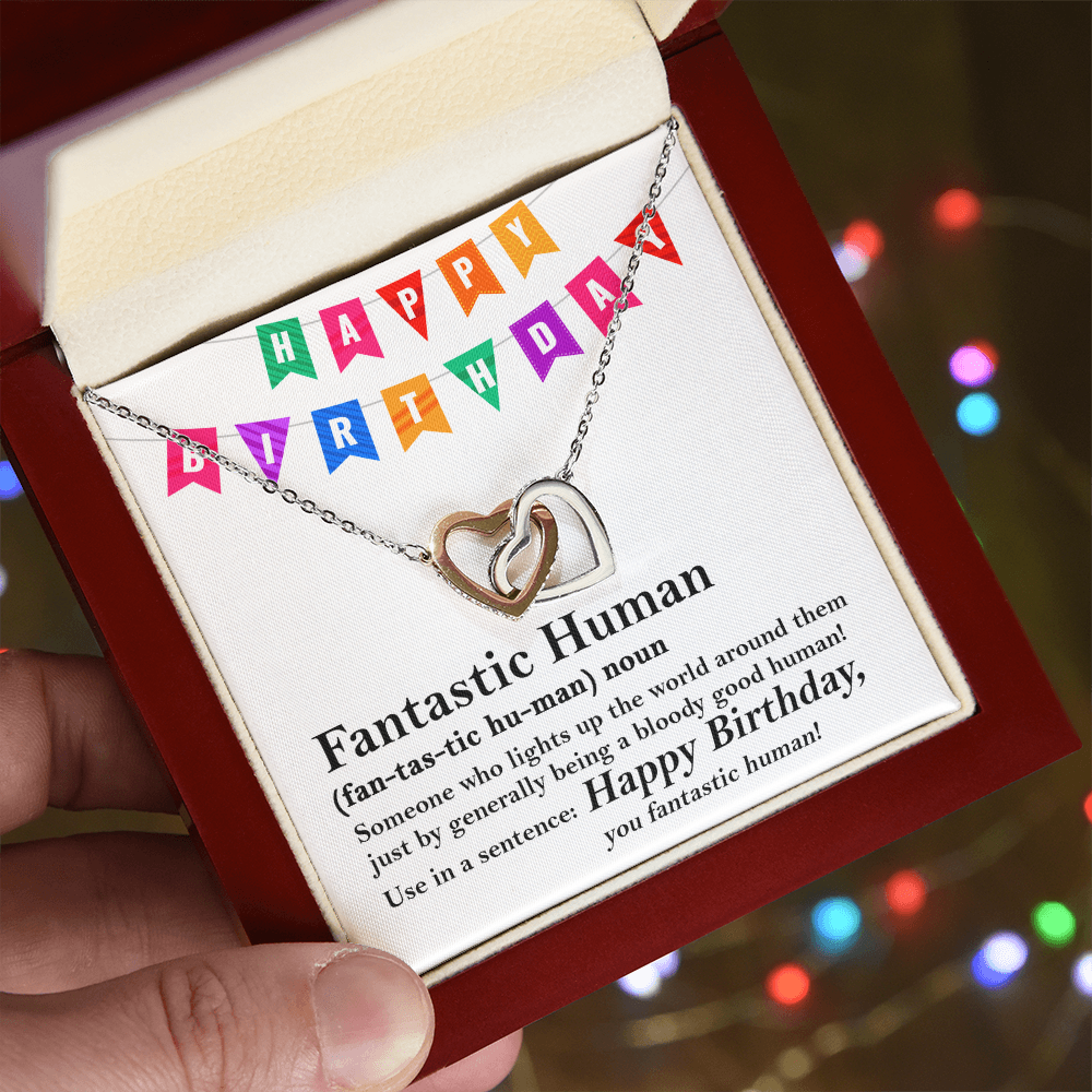 Happy Birthday “Fantastic Human” Interlocking Hearts Necklace | Fun & Heartfelt Birthday Jewelry Gift with Humorous Message Card - Mallard Moon Gift Shop