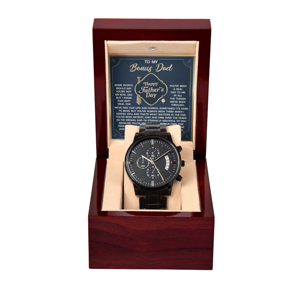 Bonus Dad Black Chronograph Watch – “Real Love, Real Dad” Elegant Father's Day Gift from Stepson or Stepdaughter, Luxury Stainless Steel Watch Premium Gift Box - Mallard Moon Gift Shop