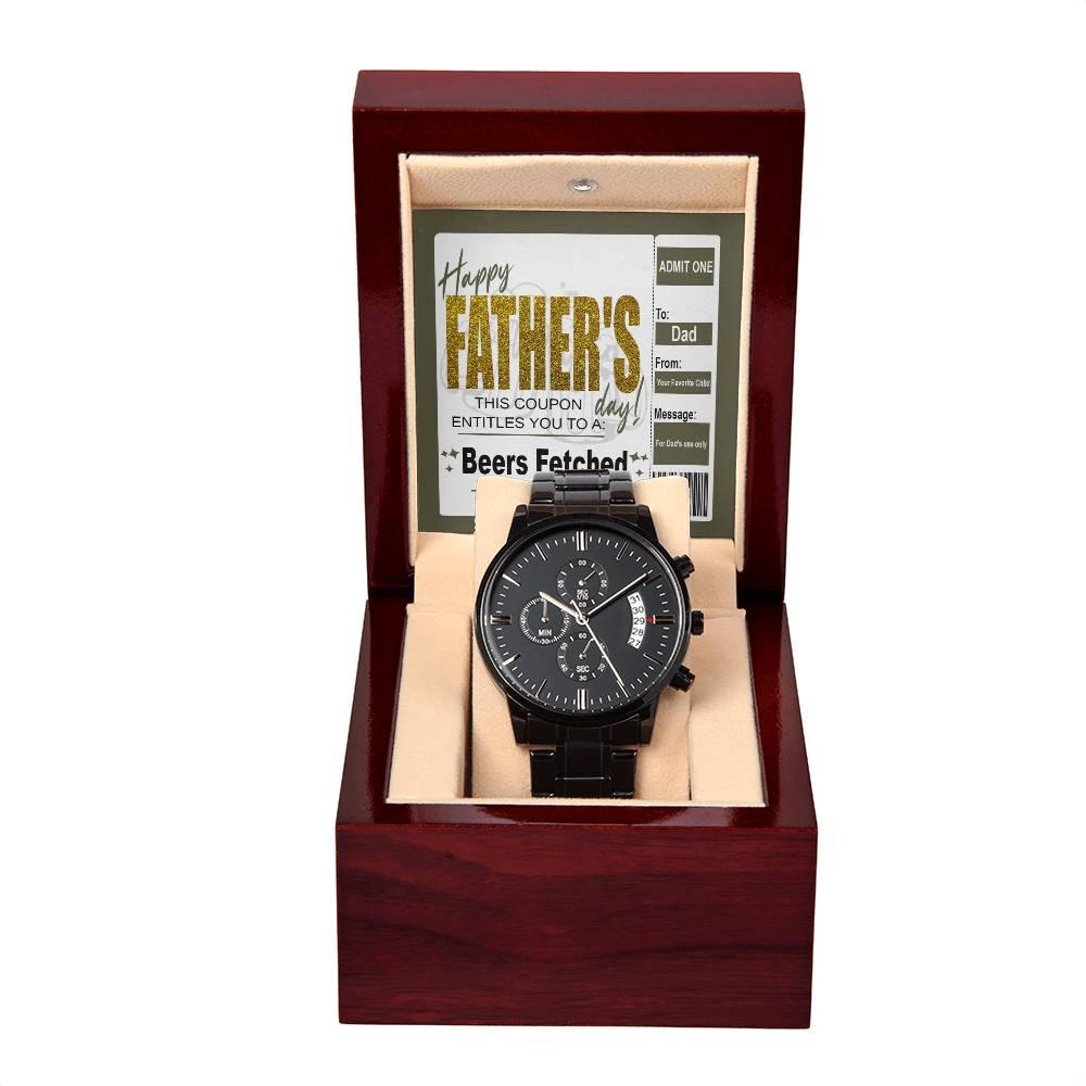 Dad Father's Day Gift - Coupon for Beers Fetched - Black Chronograph Watch - Mallard Moon Gift Shop
