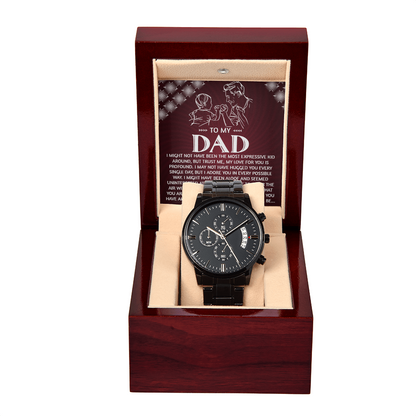 To My Dad Chronograph Watch - Heartfelt Expressive Love Message Card Gift for Dad from Child - Stylish Black Stainless-Steel Timepiece - Father's Day, Birthday, Christmas Keepsake for Dad - Mallard Moon Gift Shop