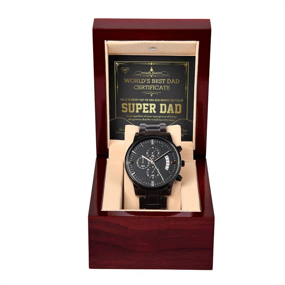 Dad Gift - Super Dad Certificate Black Chronograph Watch - Mallard Moon Gift Shop