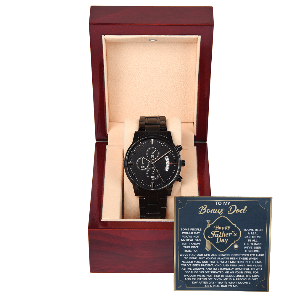 Bonus Dad Black Chronograph Watch – “Real Love, Real Dad” Elegant Father's Day Gift from Stepson or Stepdaughter, Luxury Stainless Steel Watch Premium Gift Box - Mallard Moon Gift Shop