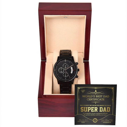 Dad Gift - Super Dad Certificate Black Chronograph Watch - Mallard Moon Gift Shop