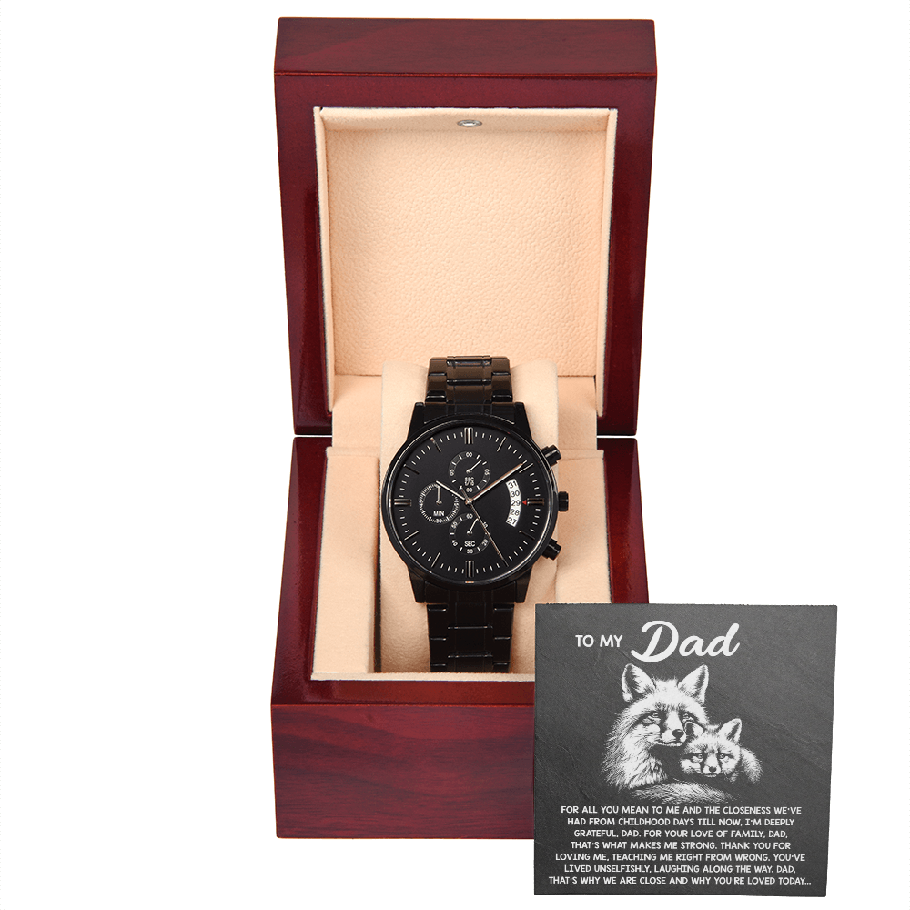 To My Dad Black Chronograph Watch - Meaningful Father's Day Gift with Family Love Message and Fox & Kit Design - Elegant Gift Box Included - Mallard Moon Gift Shop
