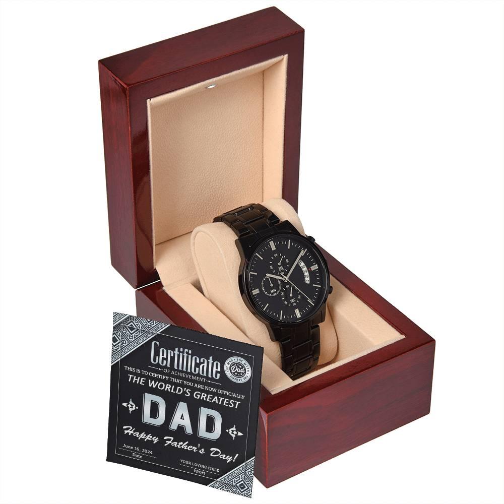 Dad Certificate of Achievement as the World's Greatest Dad Black Chronograph Watch - Mallard Moon Gift Shop