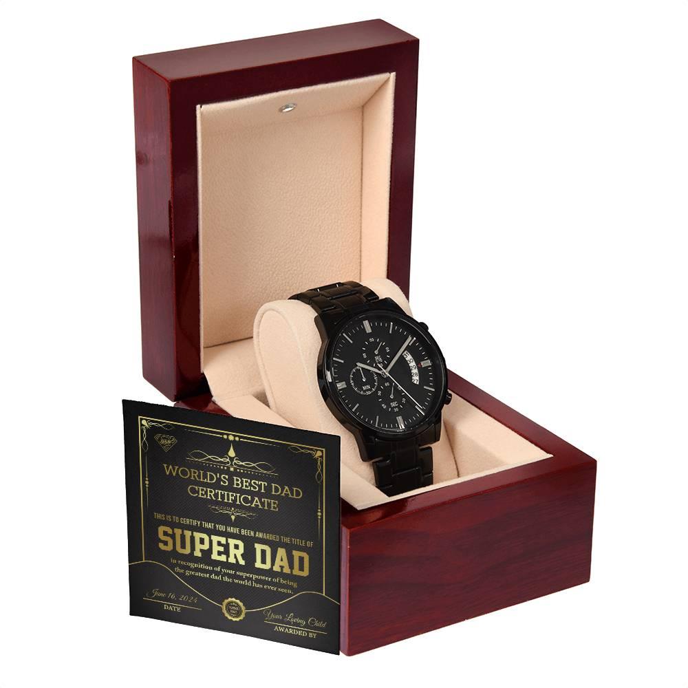 Dad Gift - Super Dad Certificate Black Chronograph Watch - Mallard Moon Gift Shop