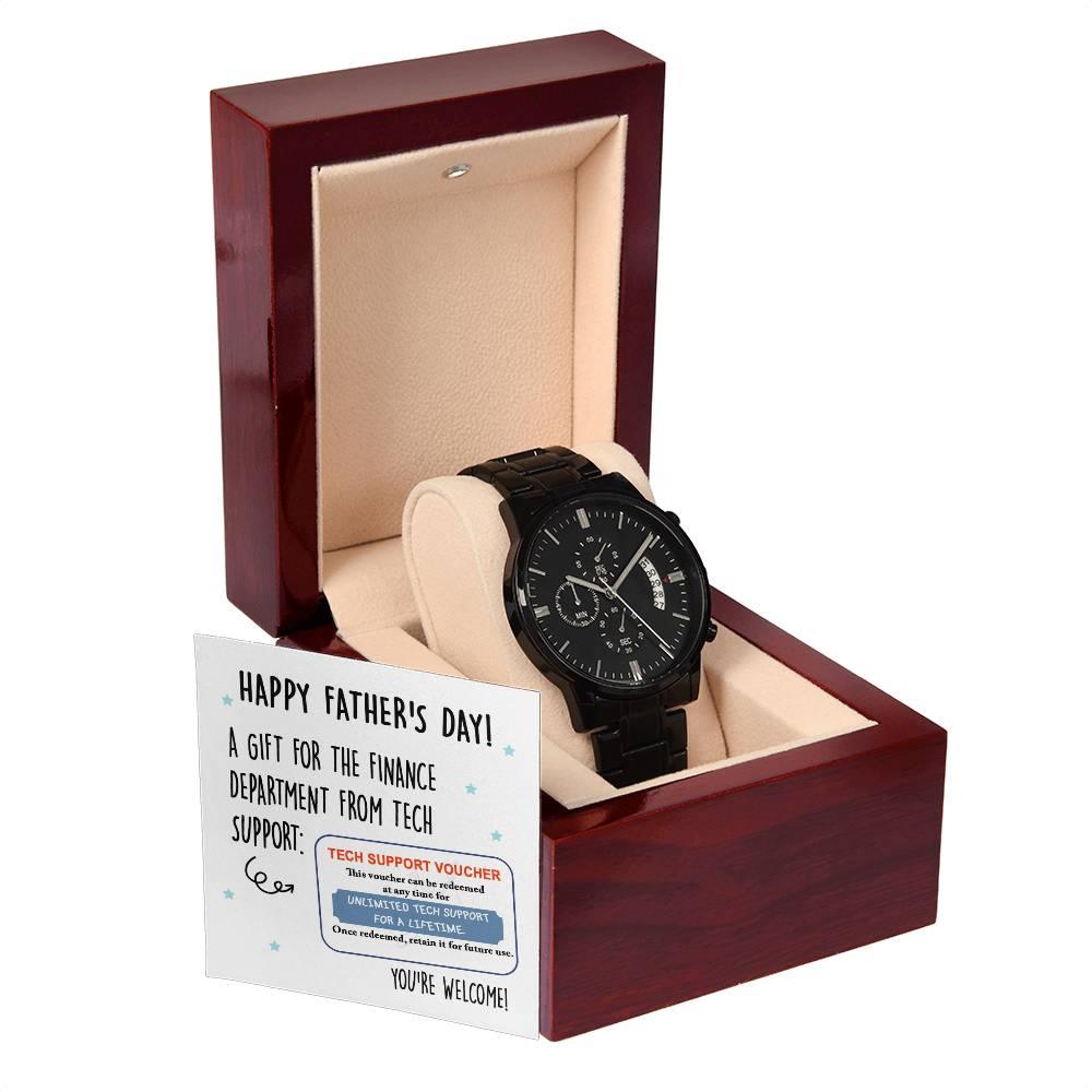 Dad Gift - Tech Support Voucher - Black Chronograph Watch - Mallard Moon Gift Shop