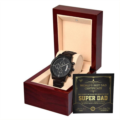 Dad Gift - Super Dad Certificate Black Chronograph Watch - Mallard Moon Gift Shop