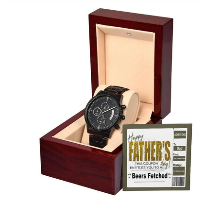 Dad Father's Day Gift - Coupon for Beers Fetched - Black Chronograph Watch - Mallard Moon Gift Shop
