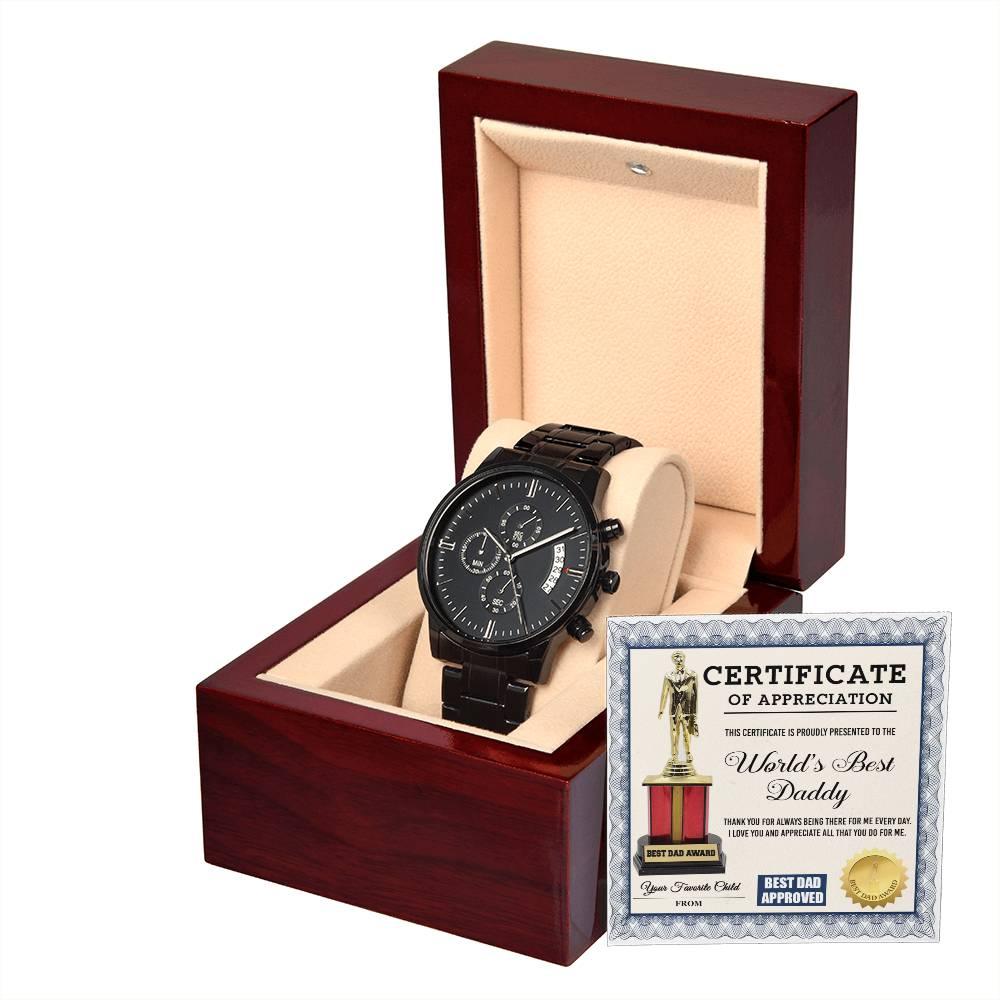 Dad Gift Certificate of  World's Best Daddy Black Chronograph Watch - Mallard Moon Gift Shop