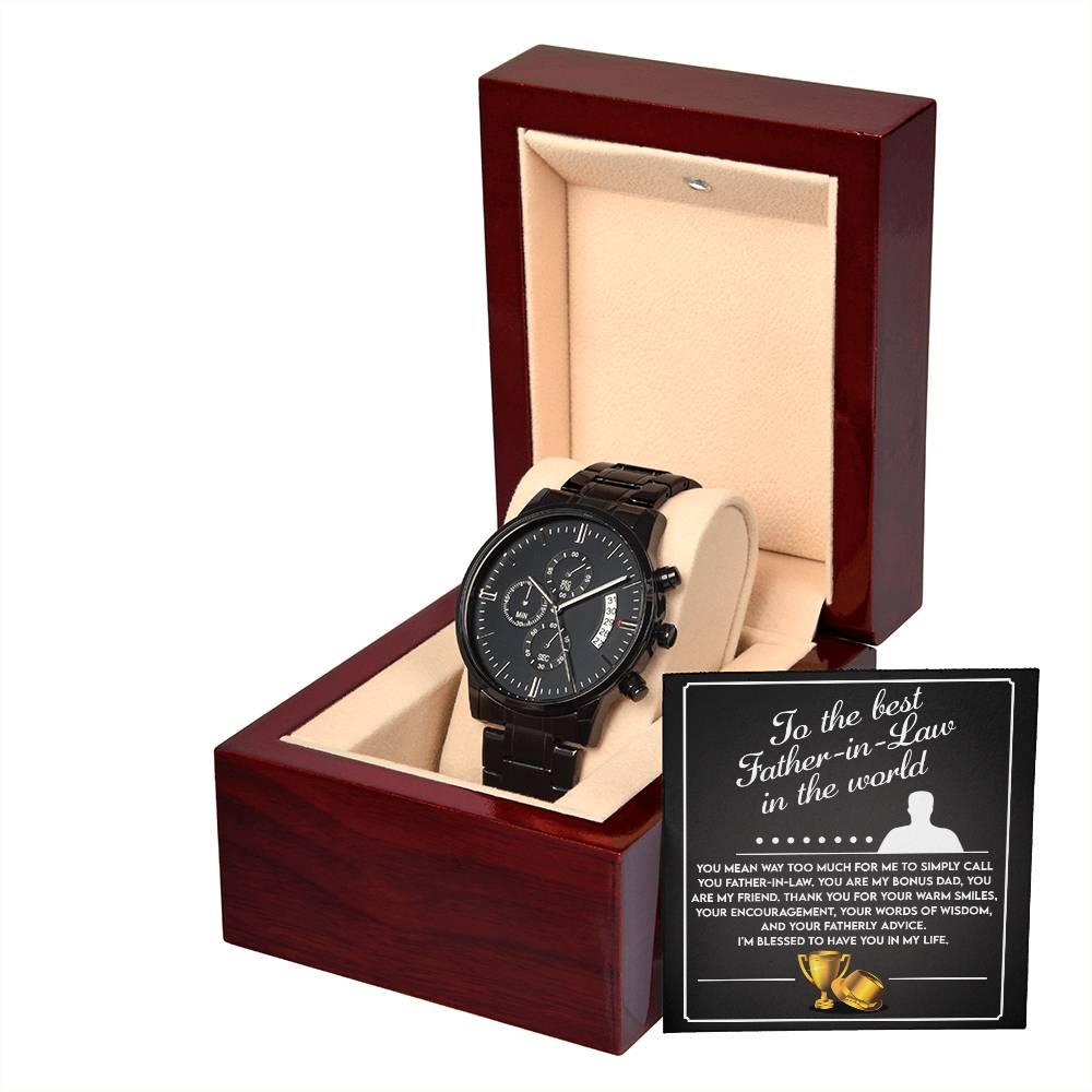 Gift for Father-In-Law My Bonus Dad My Best Friend Black Chronograph Watch - Mallard Moon Gift Shop