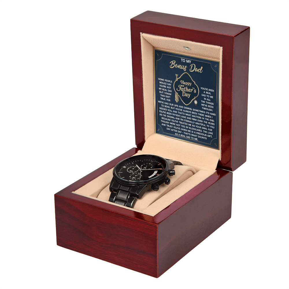 Bonus Dad Black Chronograph Watch – “Real Love, Real Dad” Elegant Father's Day Gift from Stepson or Stepdaughter, Luxury Stainless Steel Watch Premium Gift Box - Mallard Moon Gift Shop