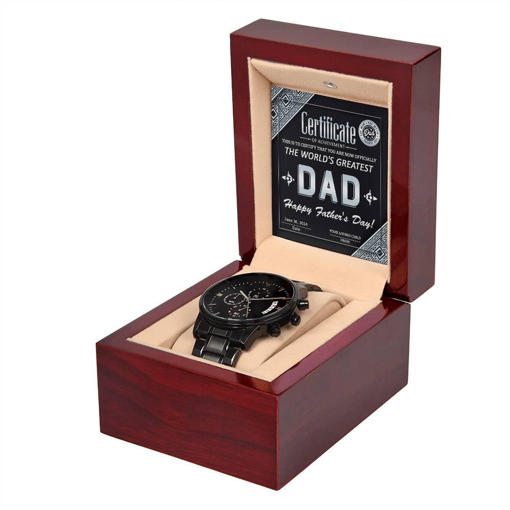 Dad Certificate of Achievement as the World's Greatest Dad Black Chronograph Watch - Mallard Moon Gift Shop