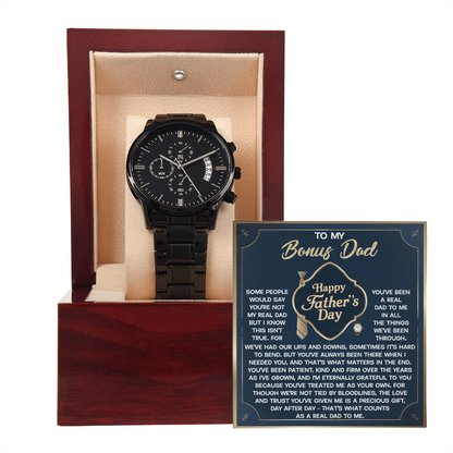 Bonus Dad Black Chronograph Watch – “Real Love, Real Dad” Elegant Father's Day Gift from Stepson or Stepdaughter, Luxury Stainless Steel Watch Premium Gift Box - Mallard Moon Gift Shop
