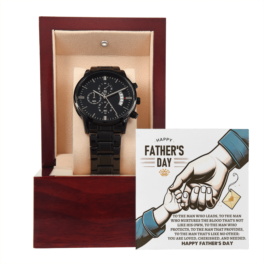 Bonus Dad Father's Day Black Chronograph Watch – Elegant Gift for Stepdad, Father Figure, Mentor – Luxury Stainless Steel Timepiece with Copper Dial & Engraved Message Card - Mallard Moon Gift Shop