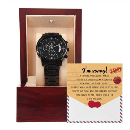 Apology Gift for Him-Sorry, Breaks My Heart-Black Chronograph Watch - Mallard Moon Gift Shop