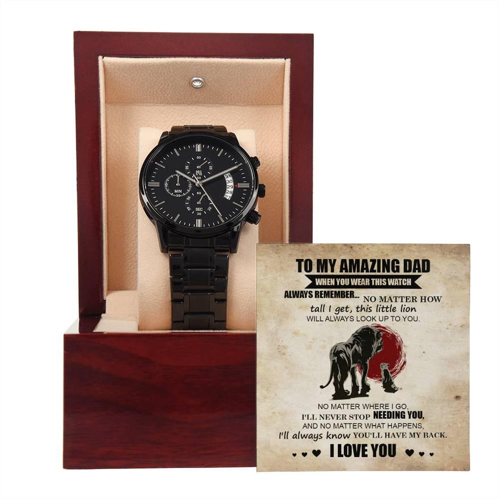 Dad Gift - This Little Lion Will Always Look Up to You - Black Chronograph Watch - Mallard Moon Gift Shop