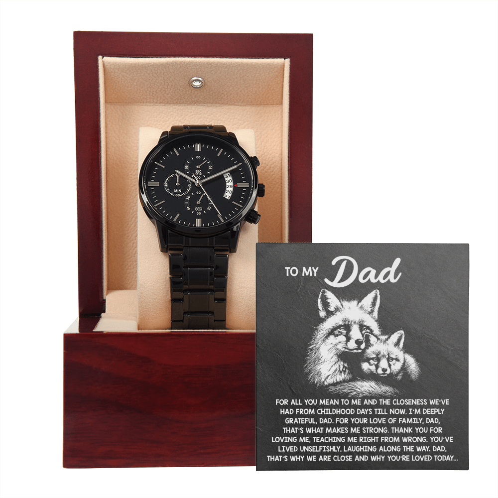 To My Dad Black Chronograph Watch - Meaningful Father's Day Gift with Family Love Message and Fox & Kit Design - Elegant Gift Box Included - Mallard Moon Gift Shop