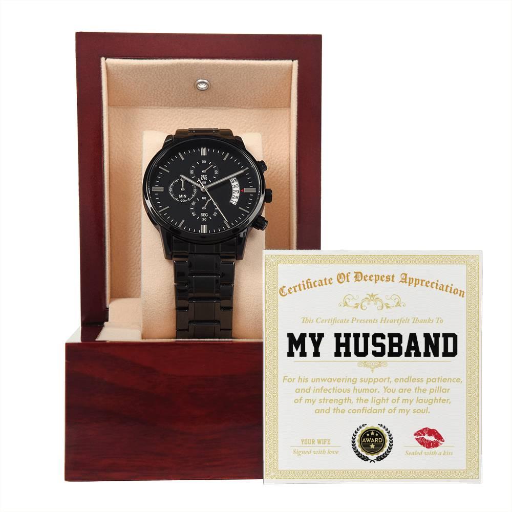 Husband Wedding Day Gift - Deepest Appreciation - Black Chronograph Watch - Mallard Moon Gift Shop