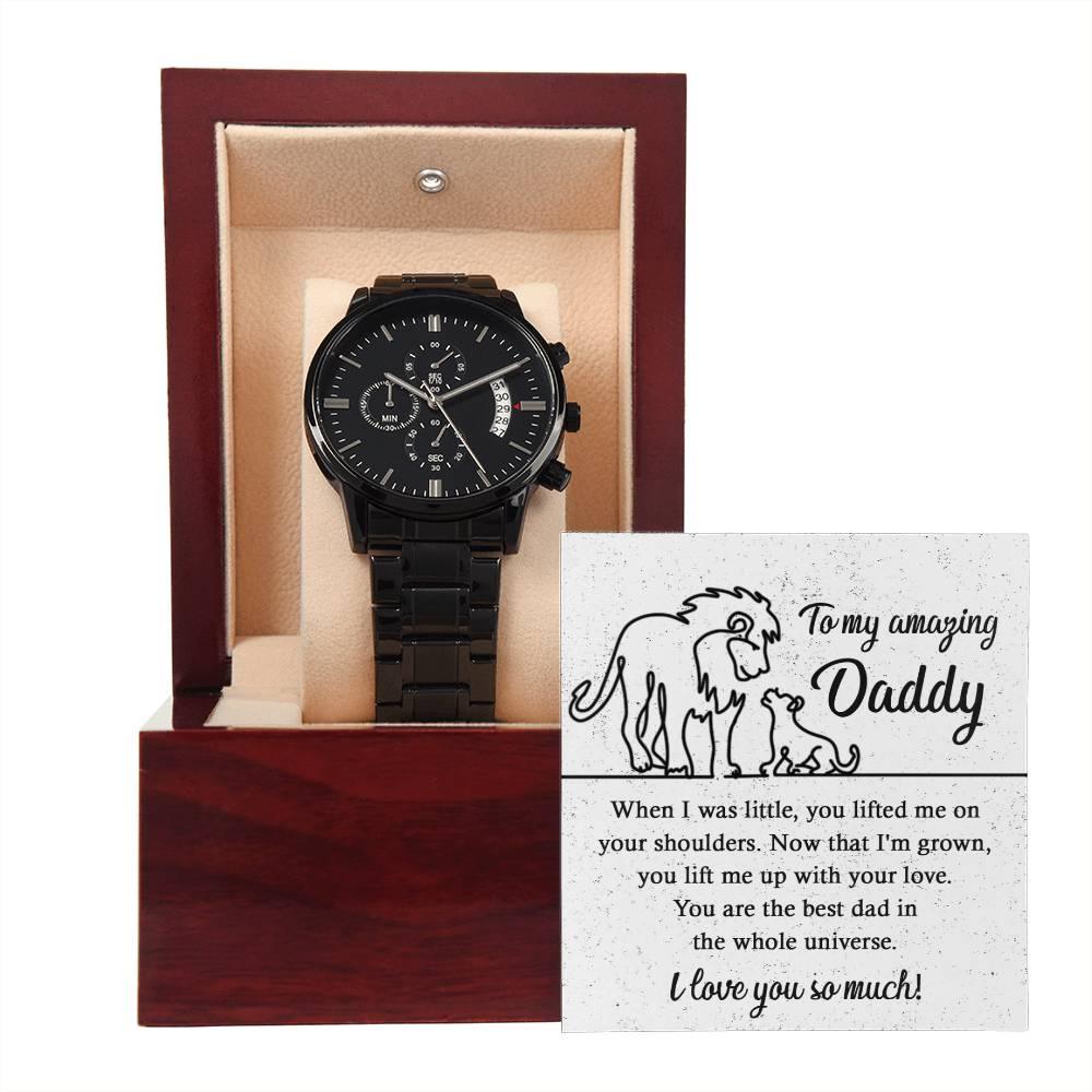 Dad Gift -You Lift My Up With Love Lion and Cub Black Chronograph Watch - Mallard Moon Gift Shop