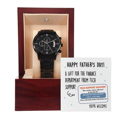 Dad Gift - Tech Support Voucher - Black Chronograph Watch - Mallard Moon Gift Shop