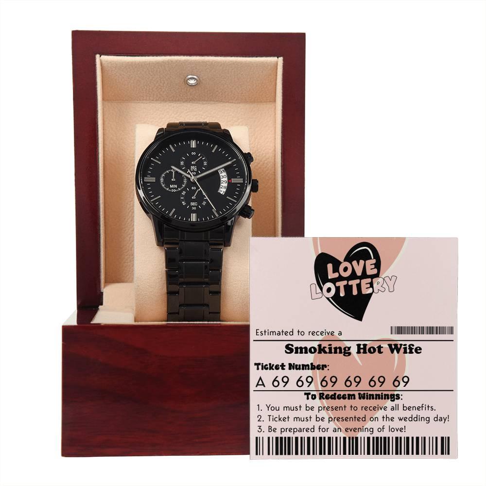 Husband Wedding Day Gift - Jackpot Winner - Black Chronograph Watch - Mallard Moon Gift Shop