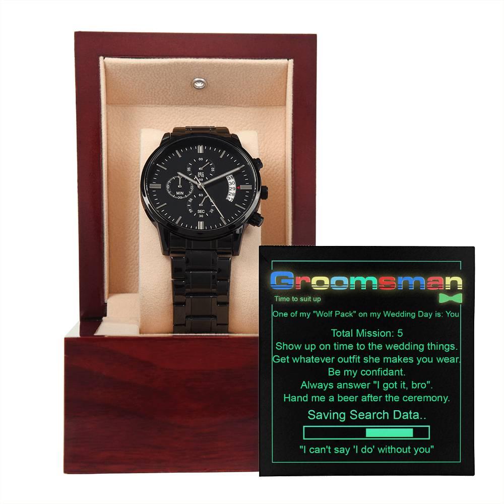 Groomsman Wedding Day Gift - Saving Search Data - Black Chronograph Watch - Mallard Moon Gift Shop
