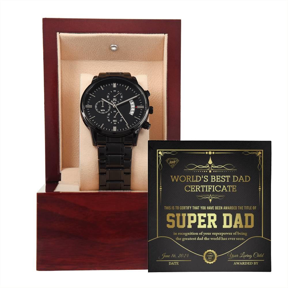 Dad Gift - Super Dad Certificate Black Chronograph Watch - Mallard Moon Gift Shop