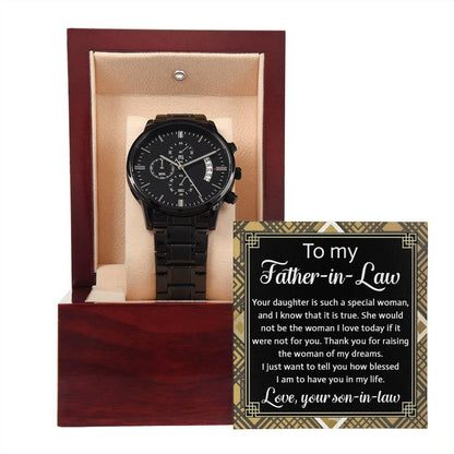 Gift for Father-In-Law - Your Daughter is a Special Woman From Son-in-law Black Chronograph Watch - Mallard Moon Gift Shop