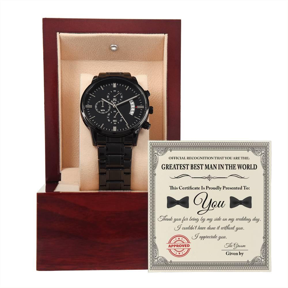 Groomsman Wedding Day Gift - Best Man - Official Recognition - Black Chronograph Watch - Mallard Moon Gift Shop