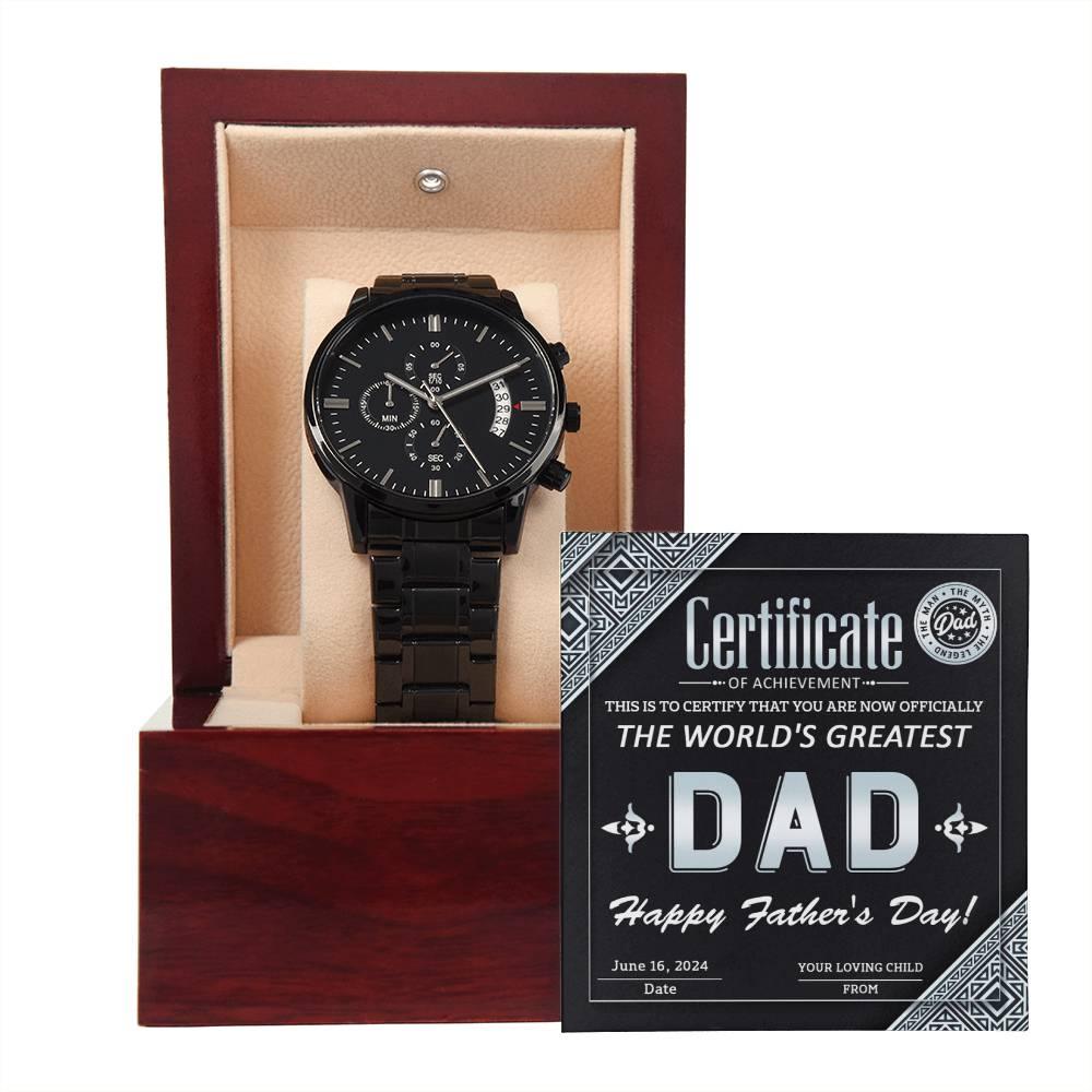 Dad Certificate of Achievement as the World's Greatest Dad Black Chronograph Watch - Mallard Moon Gift Shop