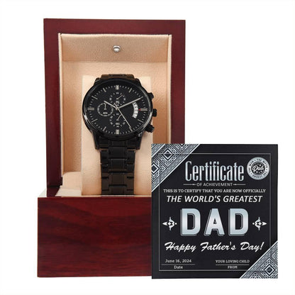 Dad Certificate of Achievement as the World's Greatest Dad Black Chronograph Watch - Mallard Moon Gift Shop